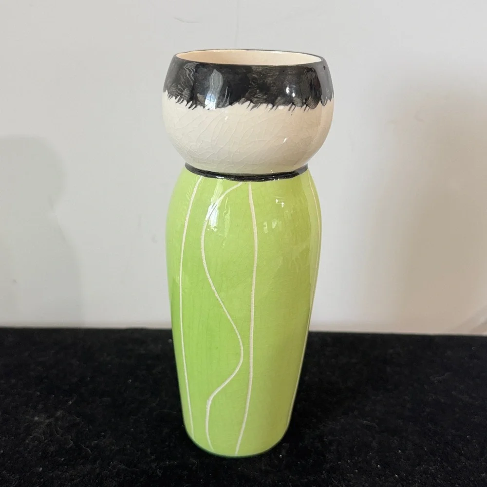 Hand-Painted Green Ceramic Painted Asian boy Vase